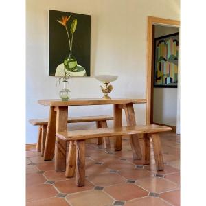 Brutalist Dining Set—table And Two Benches—circa 1960—era Perriand