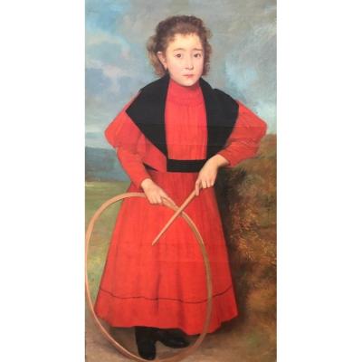 Petite Fille Au Cerceau, enfant au cerceau, Robe rouge 