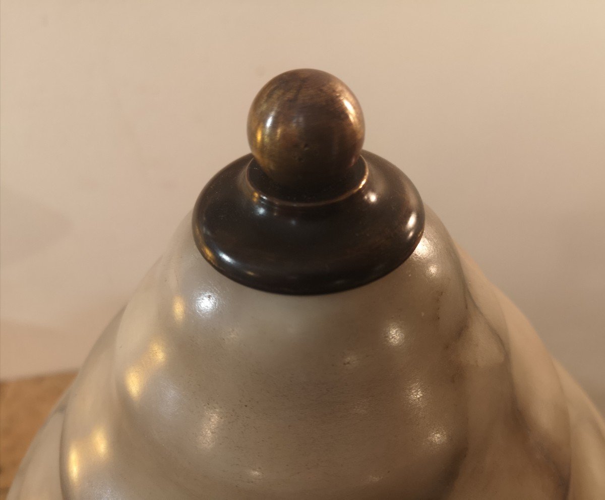Edgar Brandt, Art Deco Table Lamp In Wrought Iron And Alabaster-photo-3