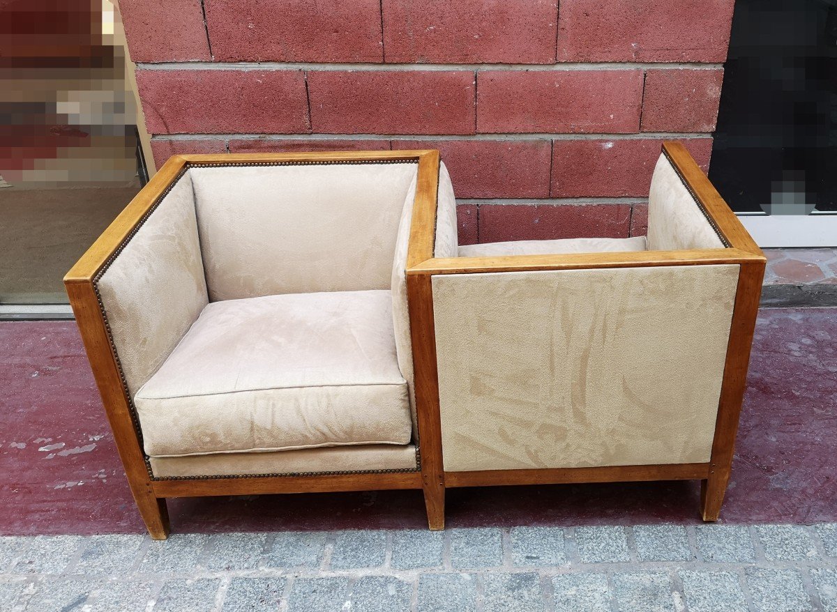 Confident Art Déco, Canapé, Fauteuil, De Forme Cubiste En Noyer-photo-7
