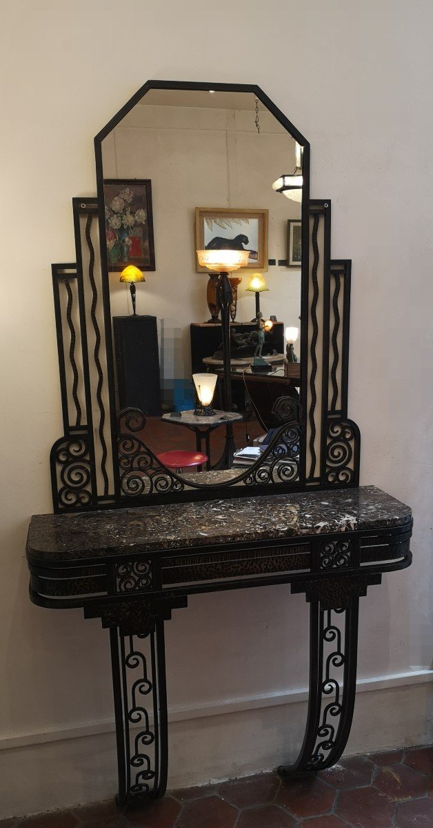 Ensemble Art Déco En Fer Forgé, Console Et Son Miroir 1930-photo-8