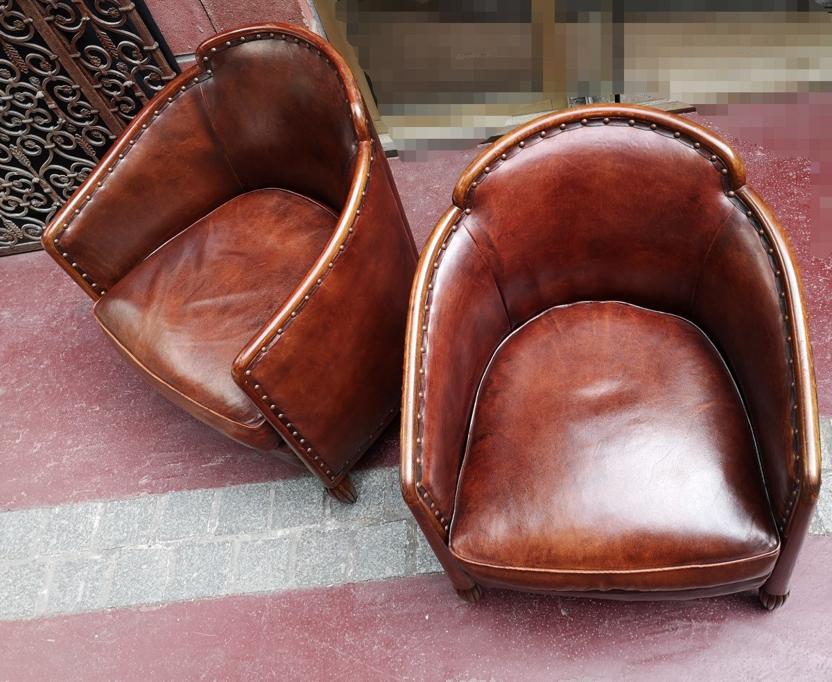 Paire De Fauteuils Art Déco 1930 en cuir-photo-8