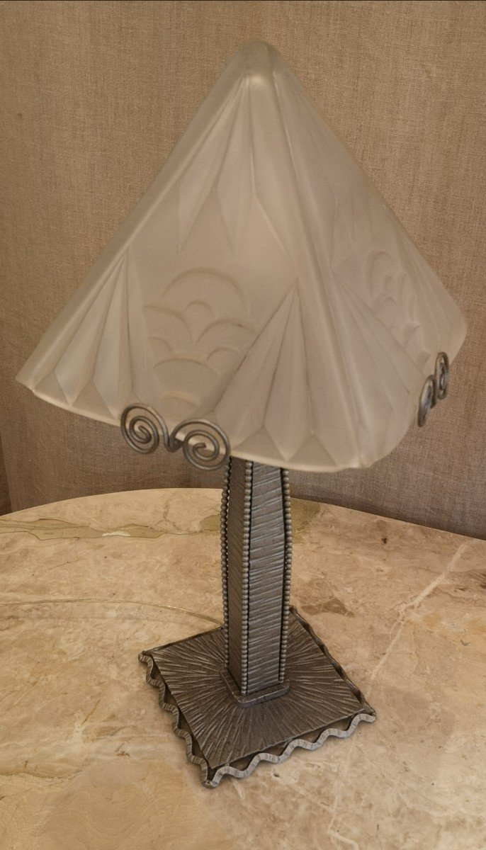Lampe Art Déco 1930 En Fer Forgé Signée Degué-photo-1