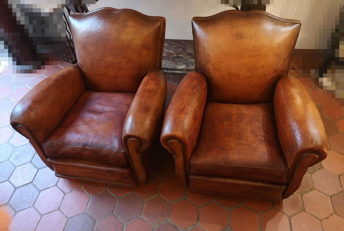 Paire De Fauteuils "club" En Cuir, Art Déco 1920-1930-photo-2
