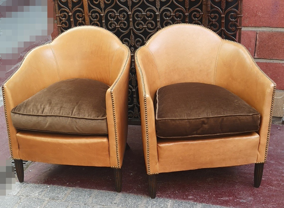 Paire De Fauteuils En Cuir Art Déco 1930-photo-1