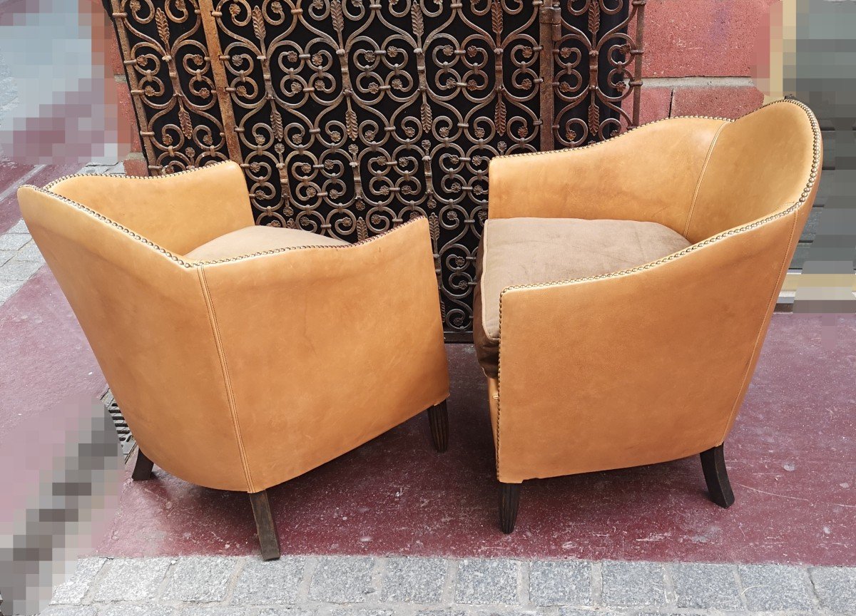 Paire De Fauteuils En Cuir Art Déco 1930-photo-2