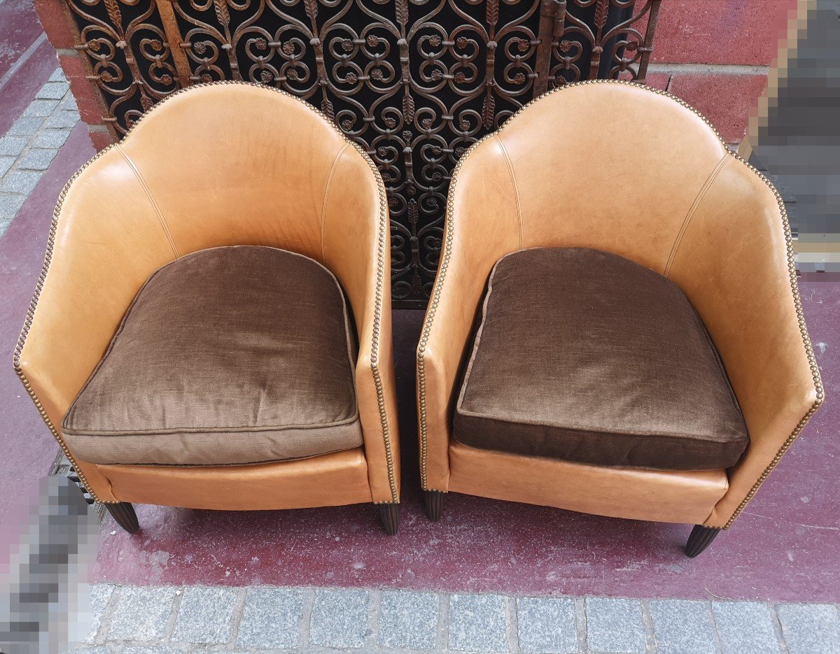 Paire De Fauteuils En Cuir Art Déco 1930-photo-7