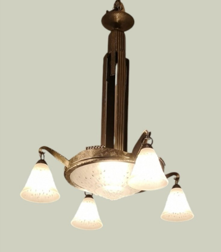 Muller Frères, Lustre Art Déco Fer Forgé 1925/30-photo-2