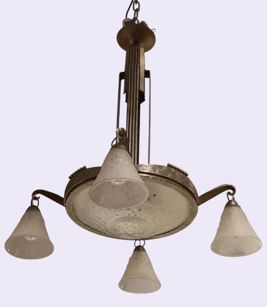 Muller Frères, Lustre Art Déco Fer Forgé 1925/30-photo-3