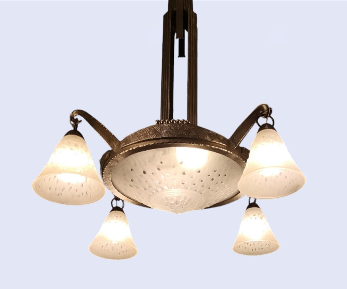 Muller Frères, Lustre Art Déco Fer Forgé 1925/30-photo-8