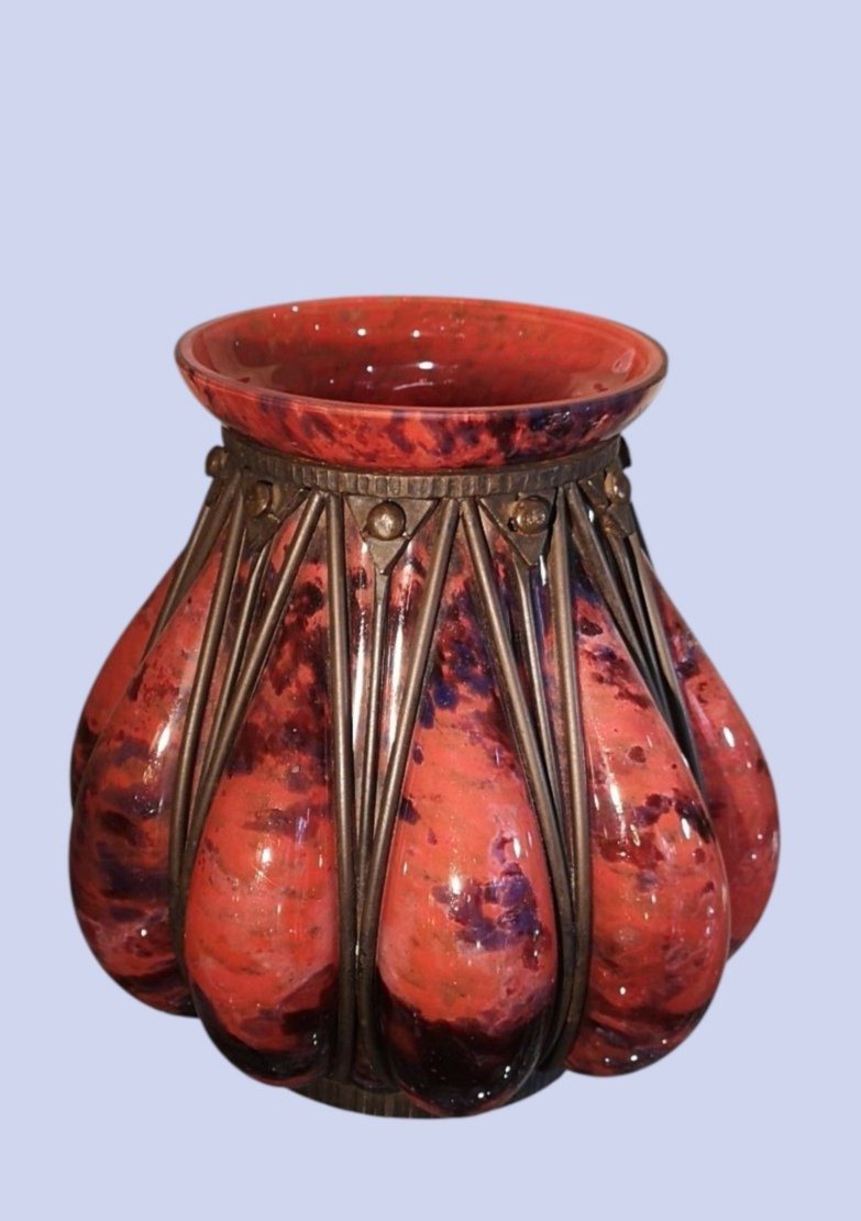 Delatte Nancy, vase Art déco en verre soufflé dans monture fer forgé-photo-4