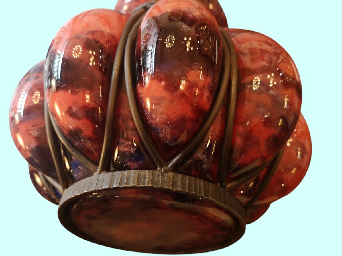 Delatte Nancy, vase Art déco en verre soufflé dans monture fer forgé-photo-2