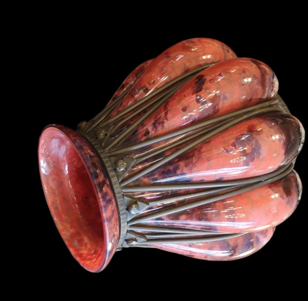 Delatte Nancy, vase Art déco en verre soufflé dans monture fer forgé-photo-3