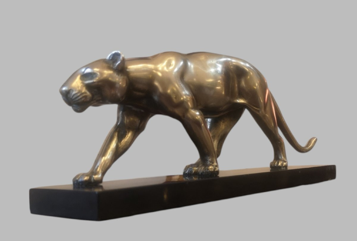 Bronze Panther Signed Ouline, Art Deco-photo-1