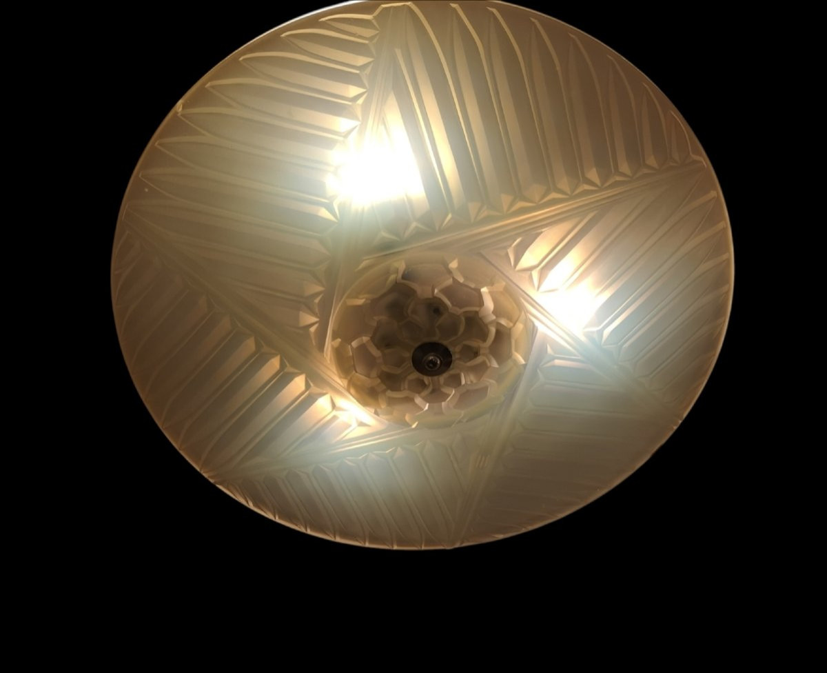 Art Deco Chandelier/ceiling Light Signed C. Ranc, Opalescent Glass-photo-3