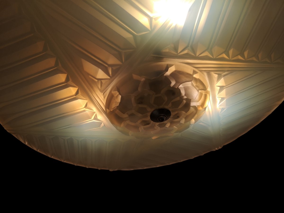 Art Deco Chandelier/ceiling Light Signed C. Ranc, Opalescent Glass-photo-5