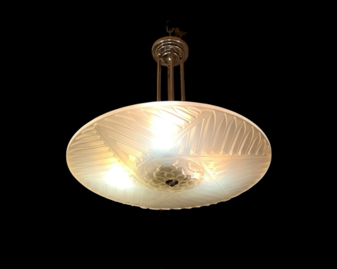 Art Deco Chandelier/ceiling Light Signed C. Ranc, Opalescent Glass