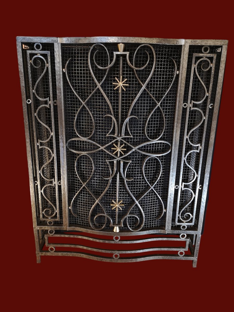 Art Deco Radiator Cover, Console Table, In Wrought Iron Stamped Marcel Bergue-photo-1