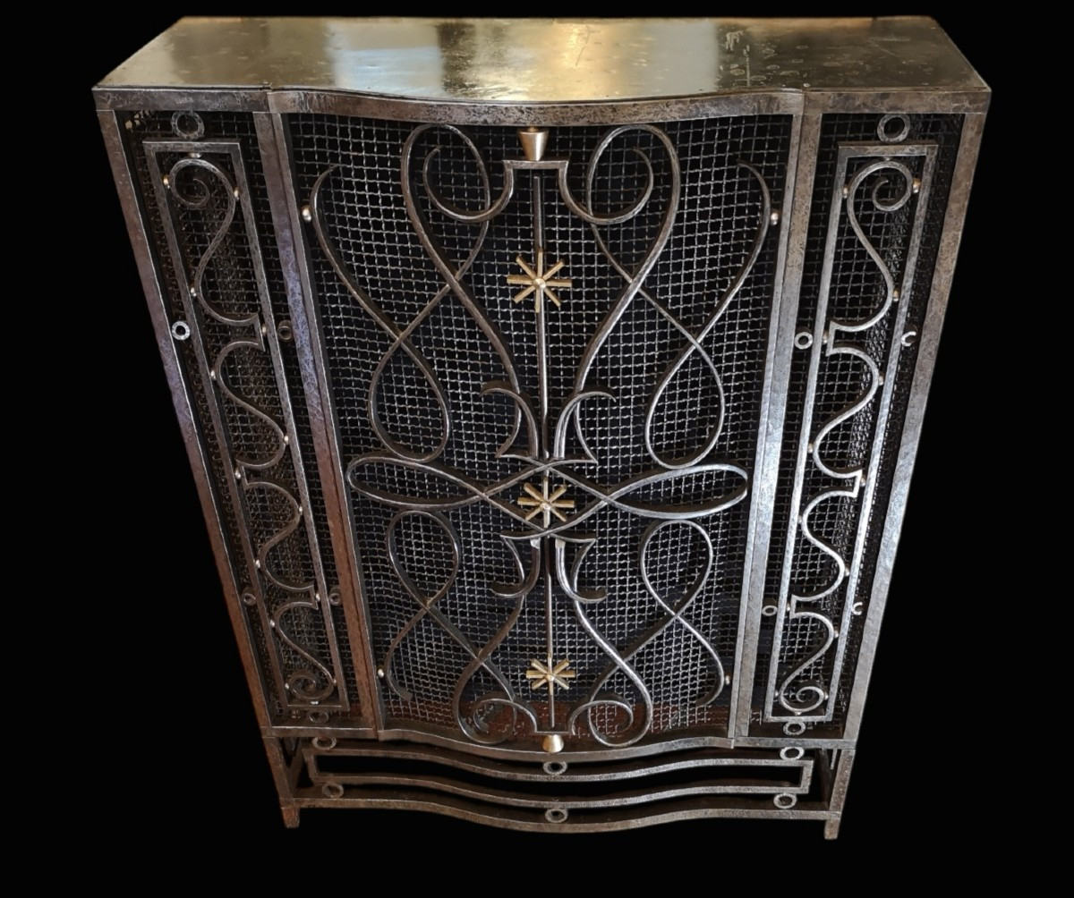 Art Deco Radiator Cover, Console Table, In Wrought Iron Stamped Marcel Bergue