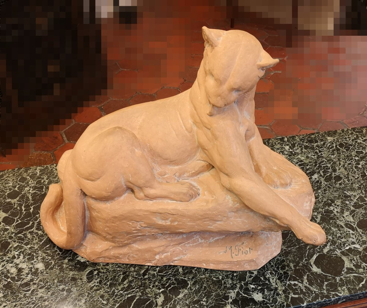 Terracotta Panther Signed M. Fiot-photo-4