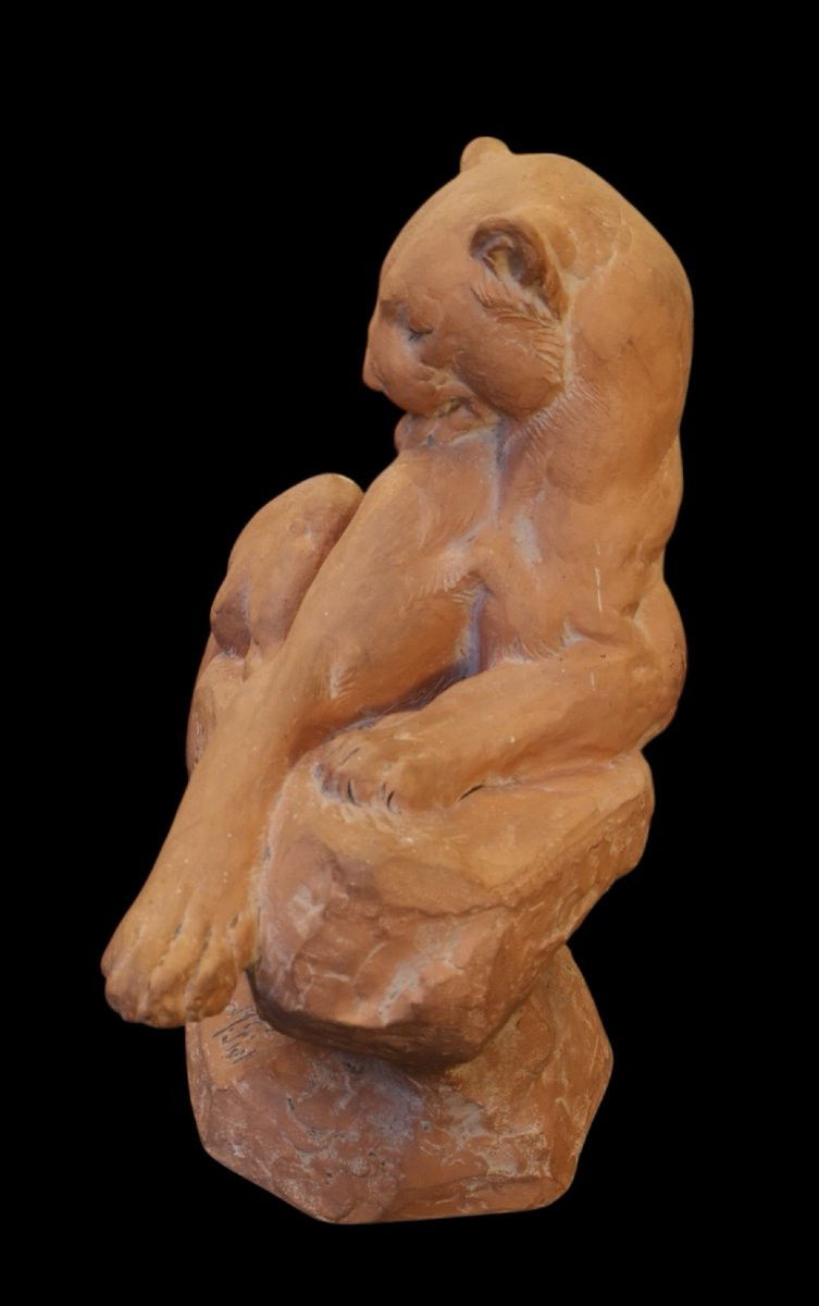 Terracotta Panther Signed M. Fiot-photo-1