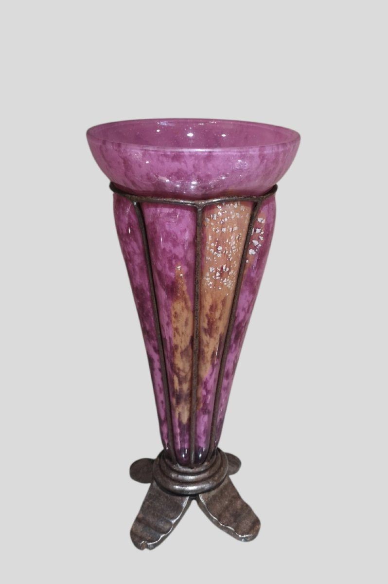 Delatte Nancy, Art Deco, Vase Blown In Wrought Iron-photo-4
