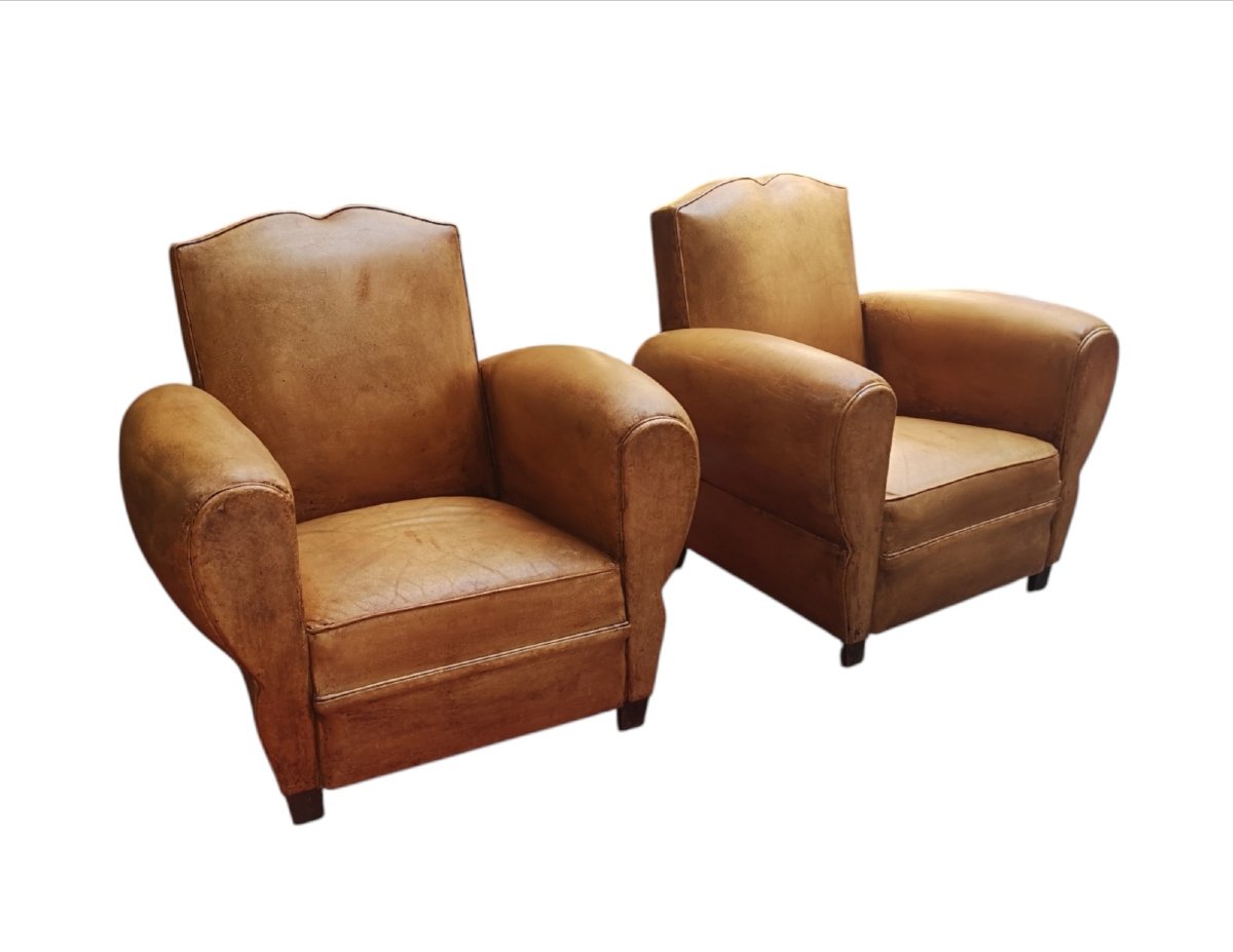 Paire de fauteuils Club Art déco en cuir basane, vers 1930-photo-3