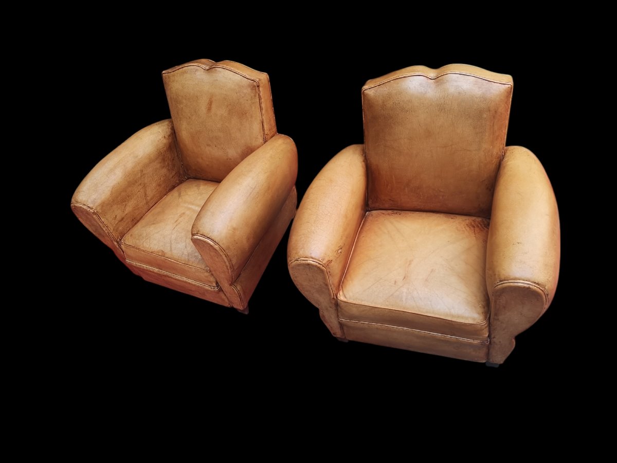 Paire de fauteuils Club Art déco en cuir basane, vers 1930-photo-4
