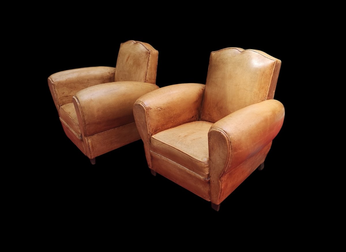 Paire de fauteuils Club Art déco en cuir basane, vers 1930-photo-2