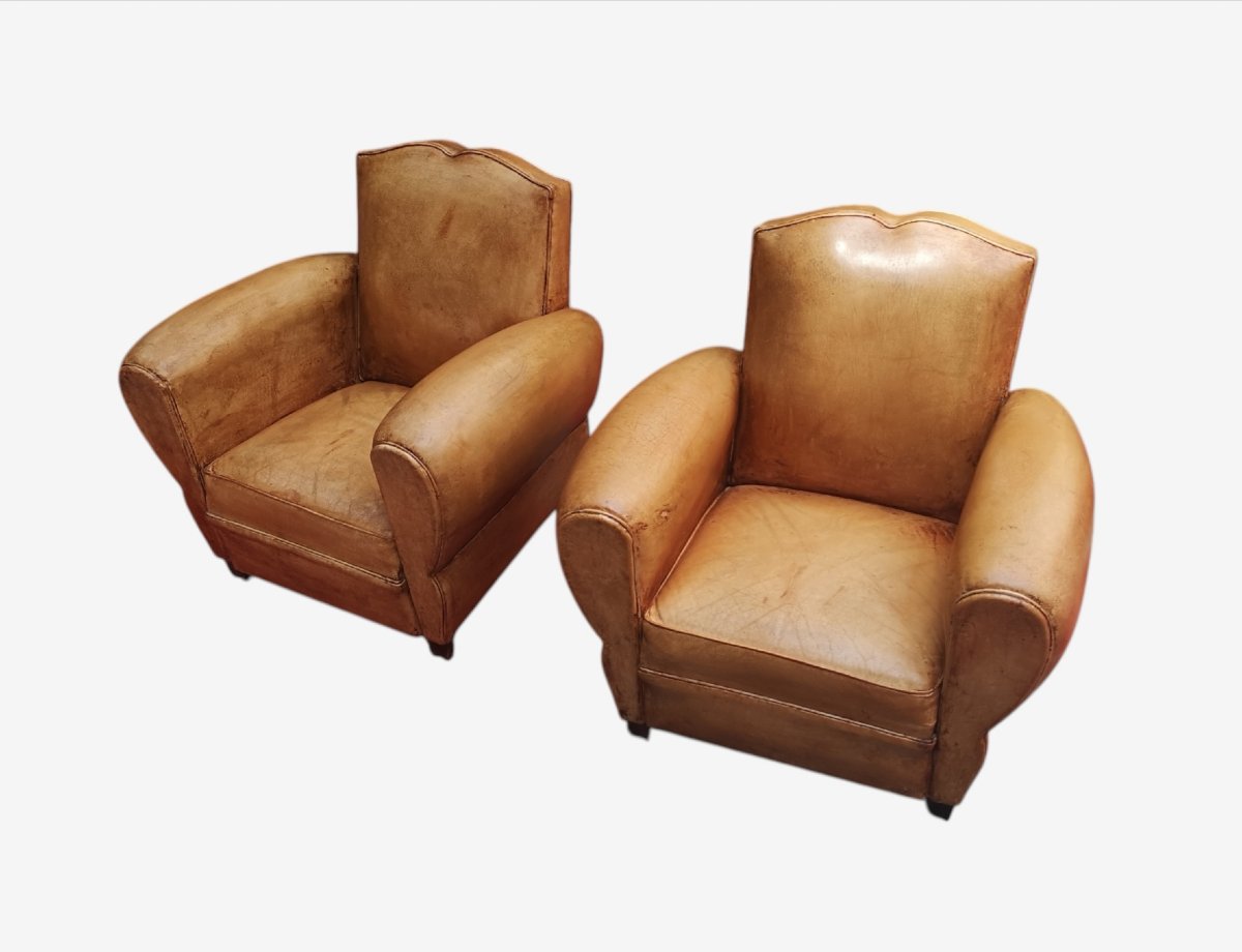 Paire de fauteuils Club Art déco en cuir basane, vers 1930-photo-6