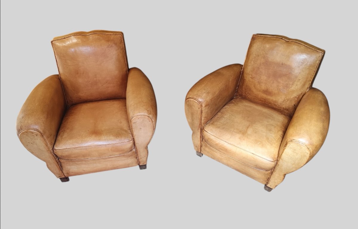 Paire de fauteuils Club Art déco en cuir basane, vers 1930 -photo-3