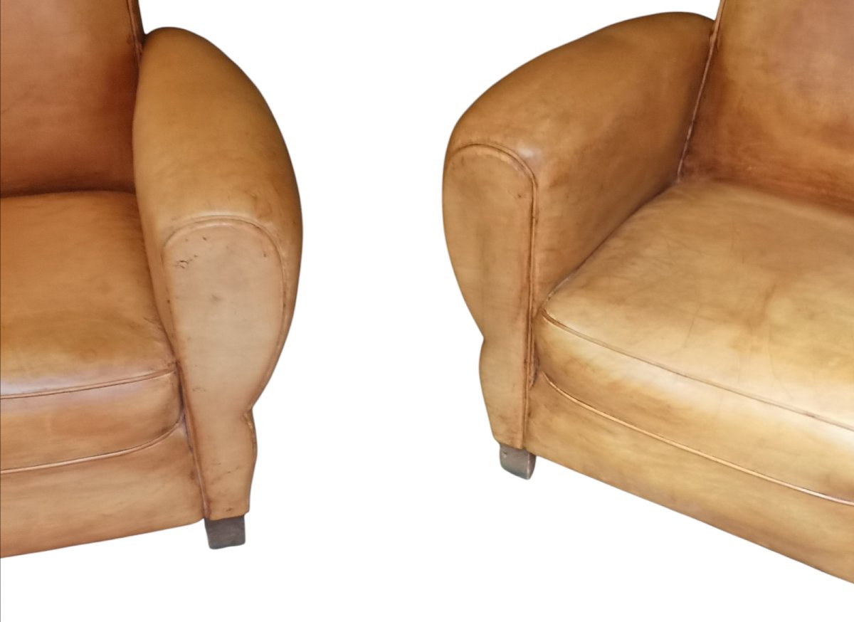 Paire de fauteuils Club Art déco en cuir basane, vers 1930 -photo-8