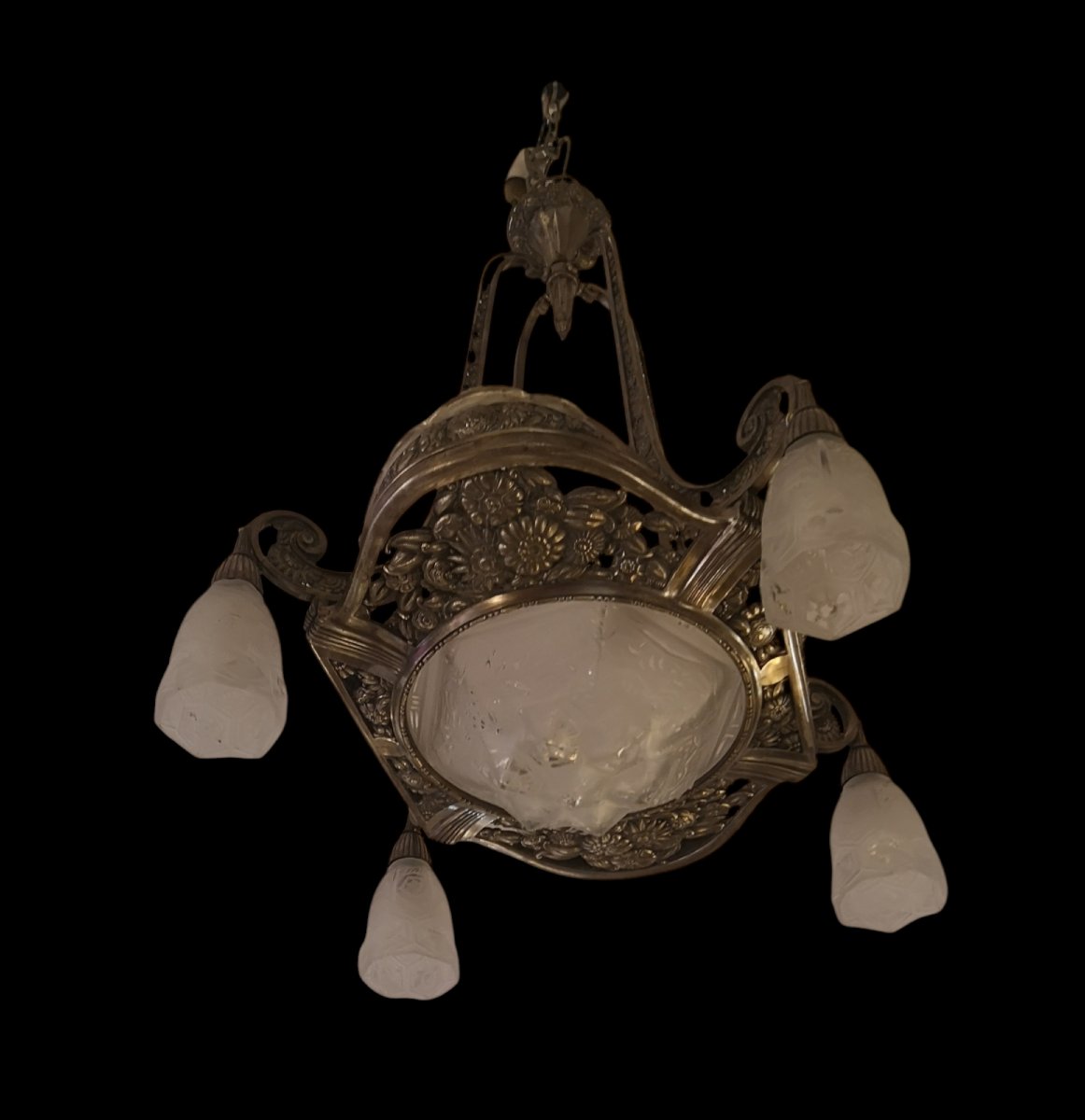 Art Deco Chandelier In Nickel-plated Bronze-photo-2