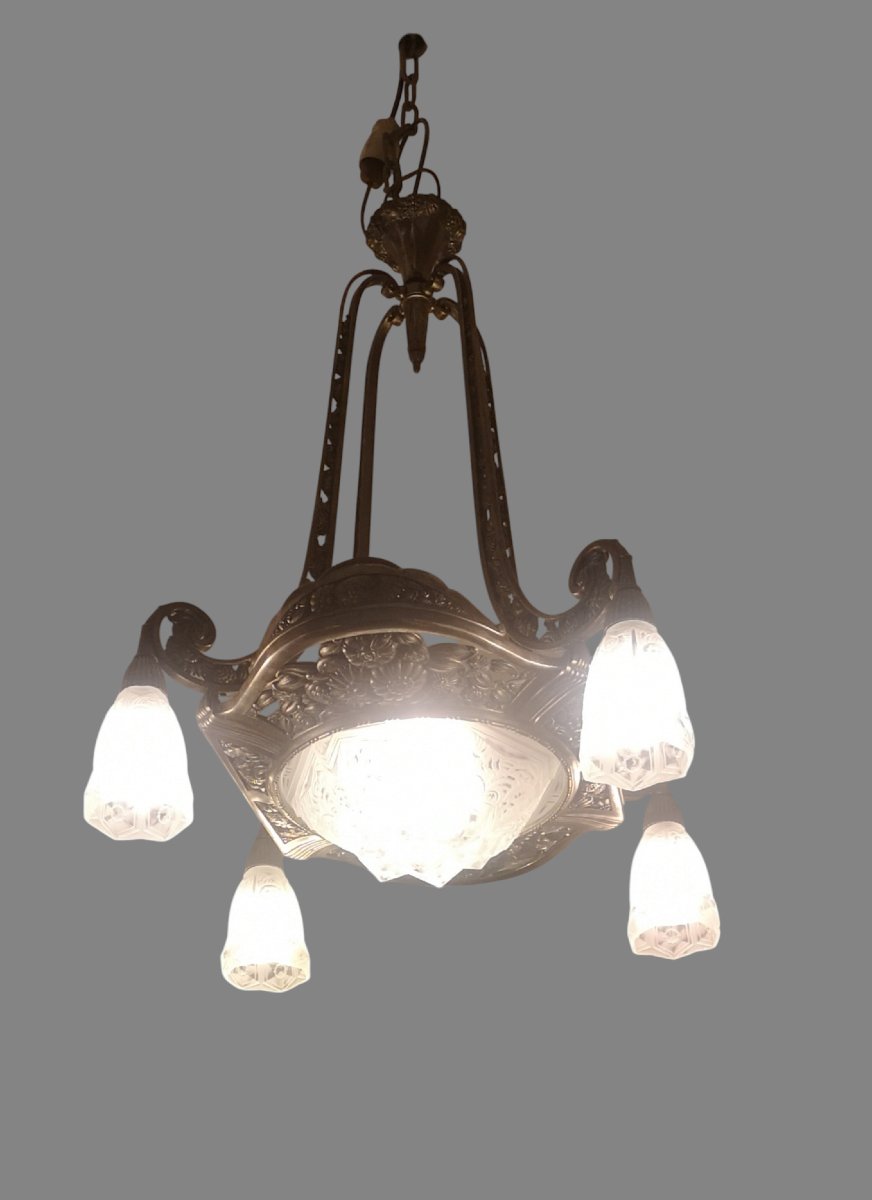 Art Deco Chandelier In Nickel-plated Bronze-photo-3