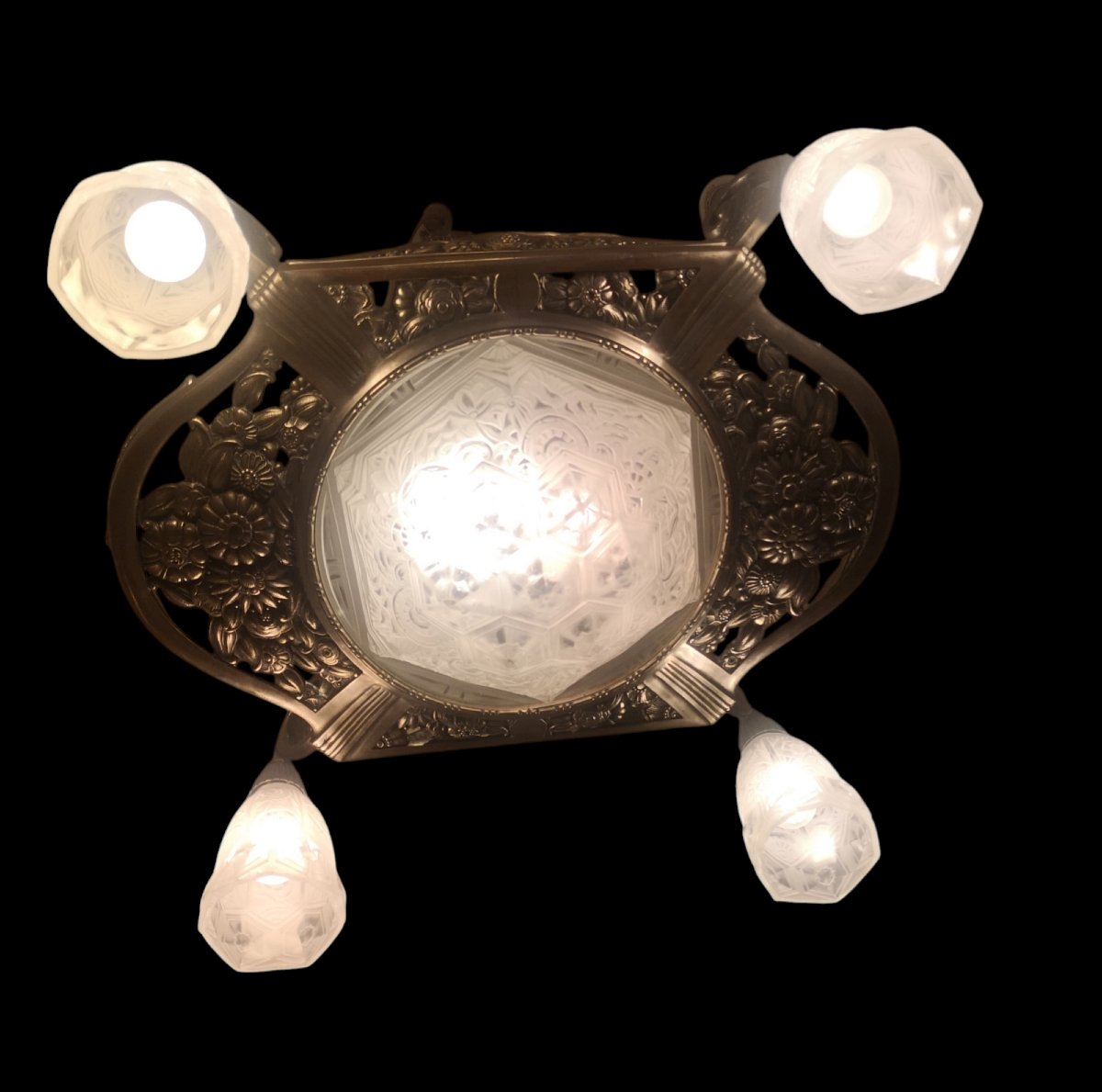 Art Deco Chandelier In Nickel-plated Bronze-photo-4