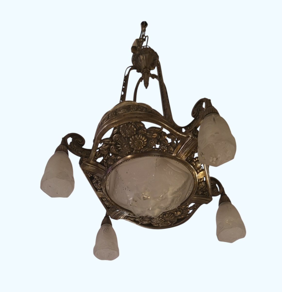 Art Deco Chandelier In Nickel-plated Bronze-photo-1