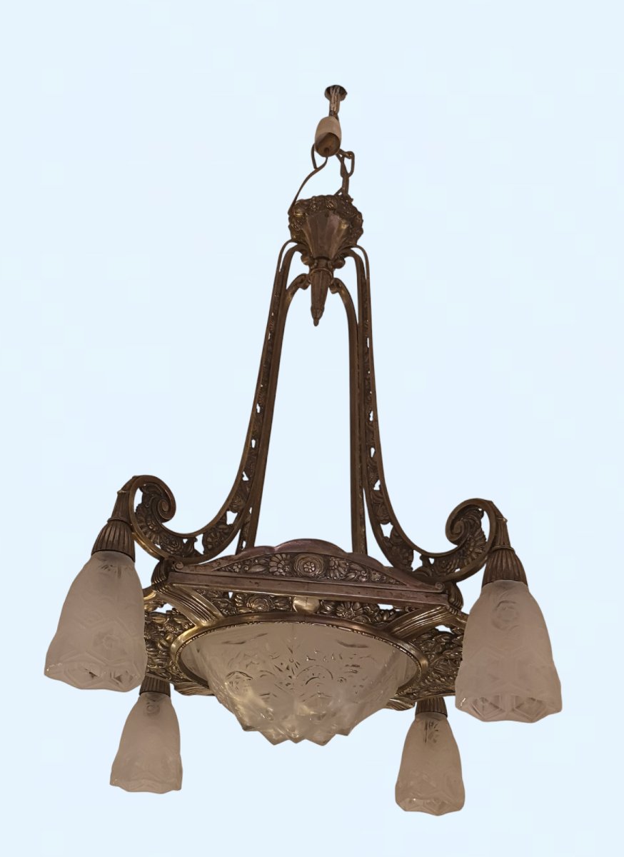 Art Deco Chandelier In Nickel-plated Bronze-photo-5