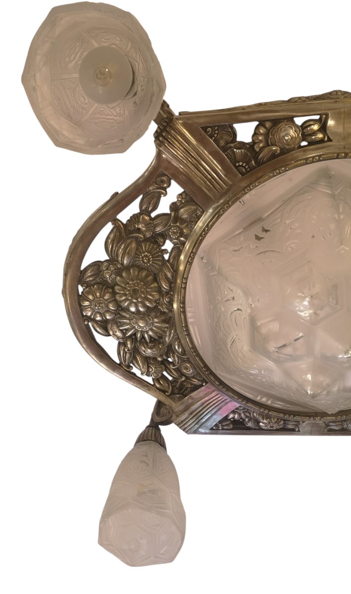Art Deco Chandelier In Nickel-plated Bronze-photo-6