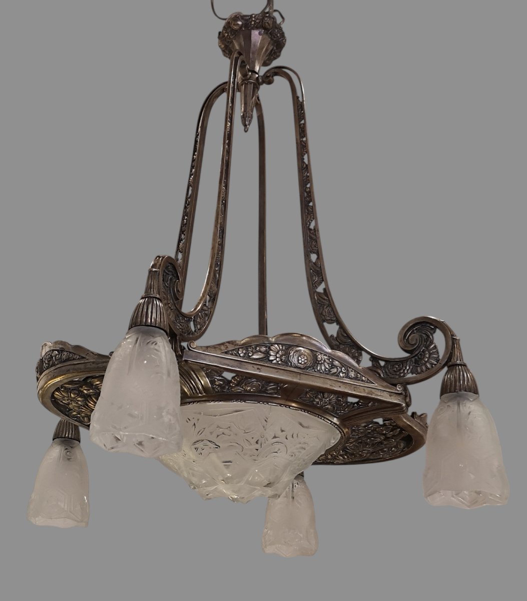 Art Deco Chandelier In Nickel-plated Bronze-photo-7