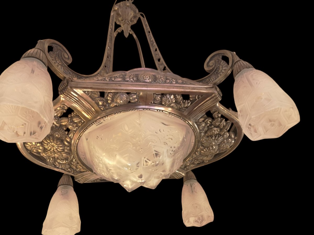 Art Deco Chandelier In Nickel-plated Bronze-photo-8