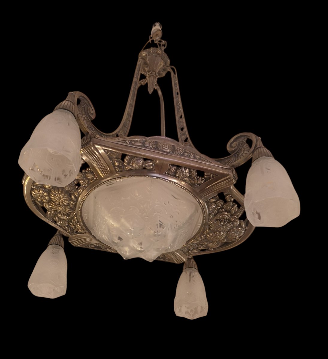 Art Deco Chandelier In Nickel-plated Bronze