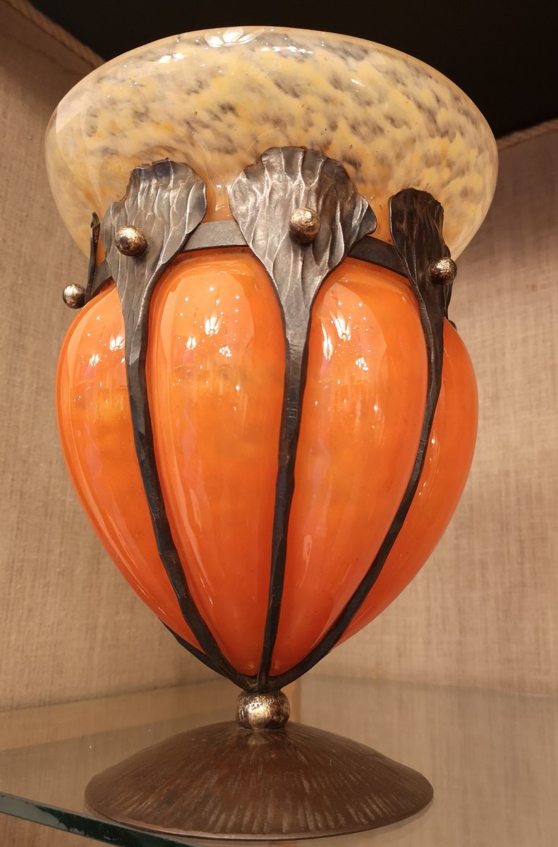 Schneider - Grand Vase Soufflé Dans Une Monture En Fer Forgé-photo-5