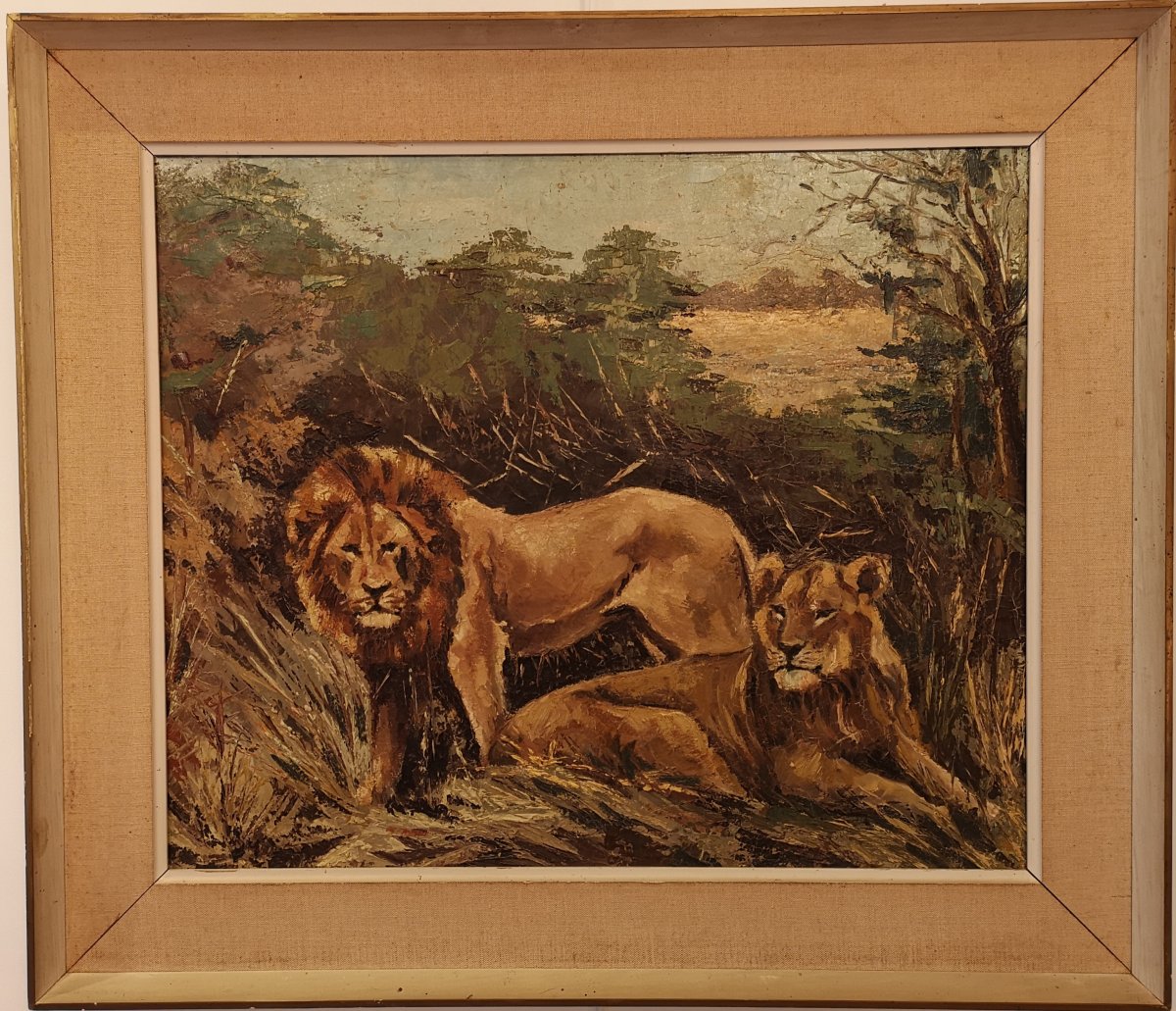 Félins Dans La Savane-huile Sur Toile-photo-2