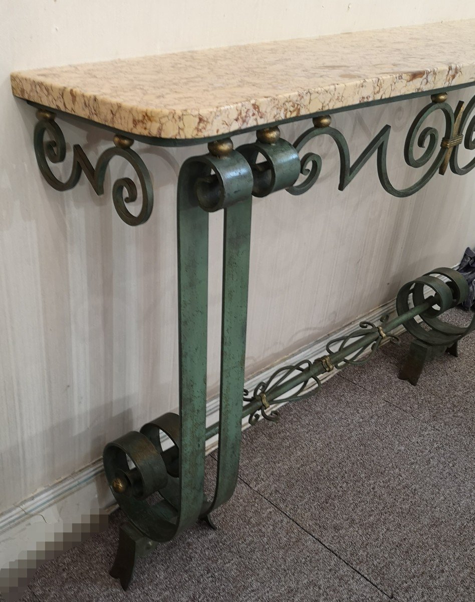 1940 Wrought Iron Console With Green Patina-photo-2