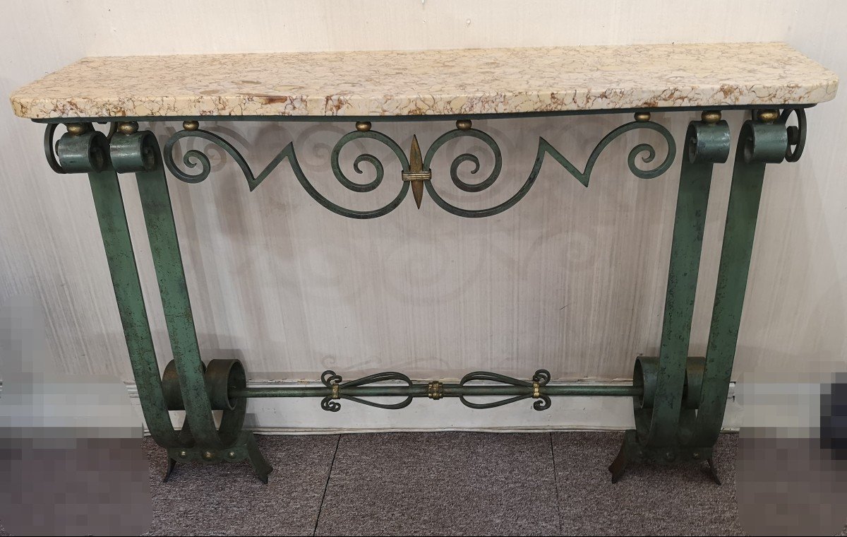 1940 Wrought Iron Console With Green Patina-photo-4