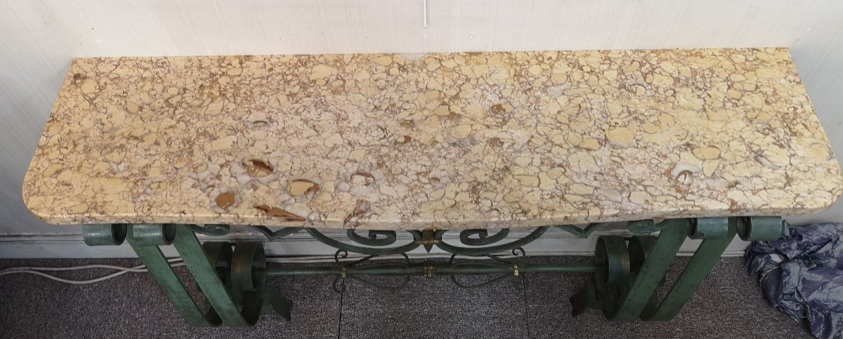 1940 Wrought Iron Console With Green Patina-photo-2