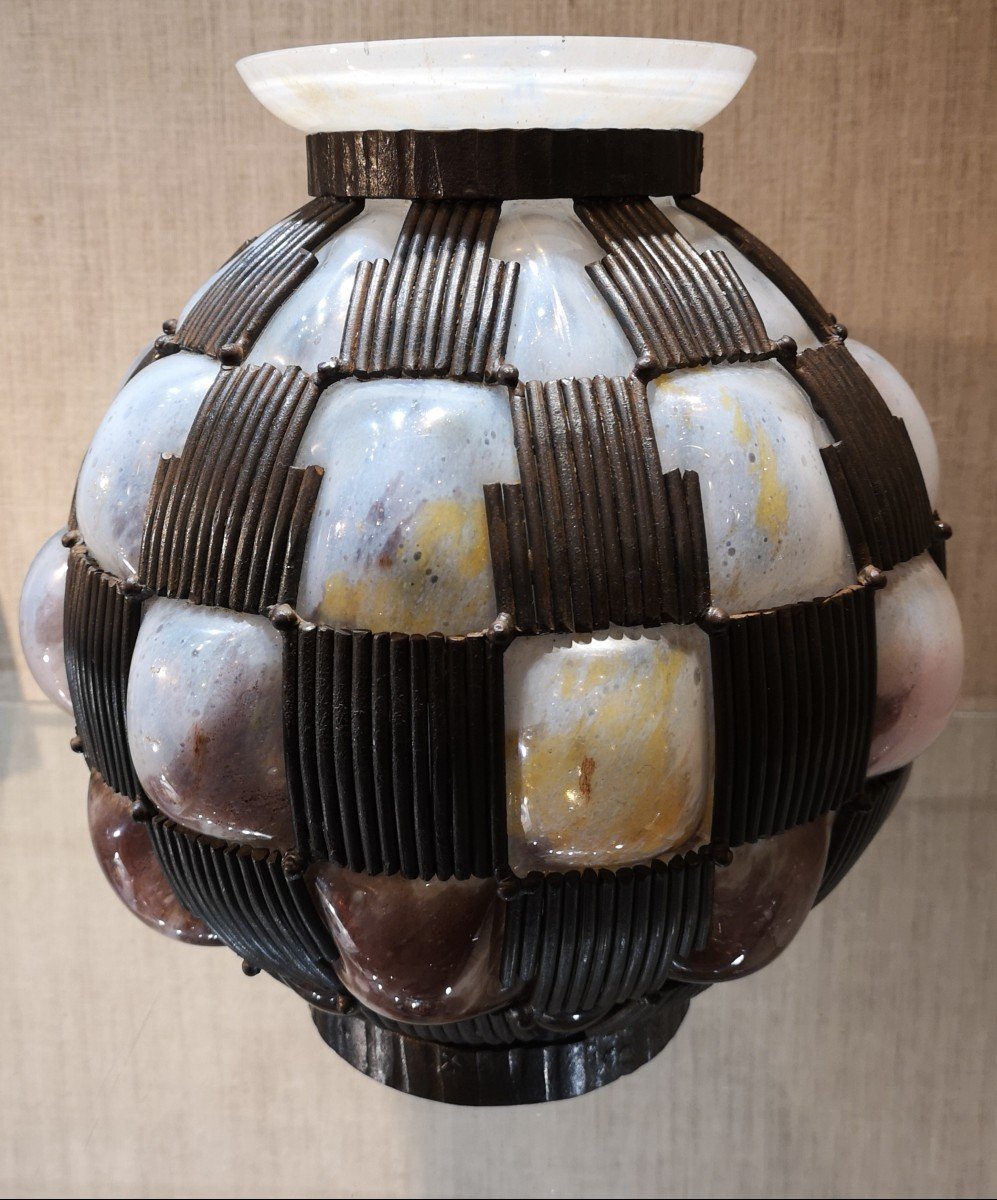 Vase Art Déco 1930 En Verre et fer forgé Signé Lorrain-photo-4
