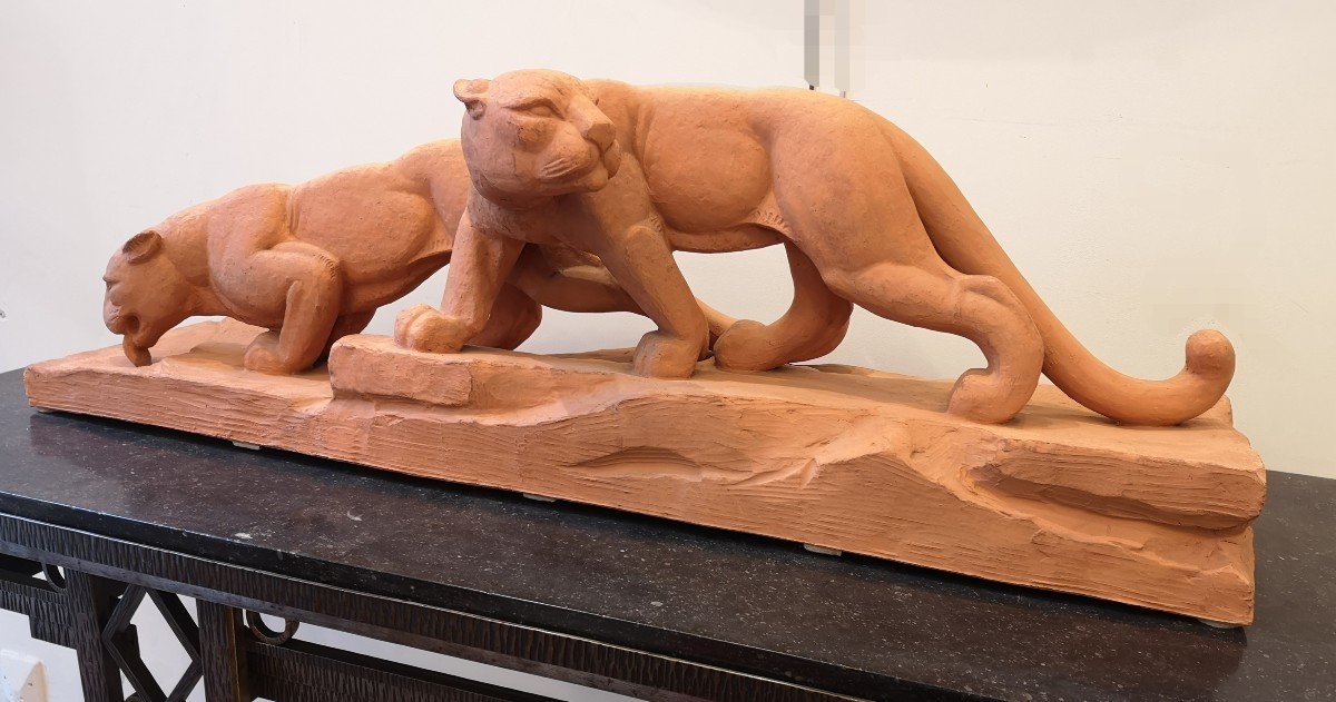Panthère, terre cuite signée Riolo, couple de panthères-photo-3
