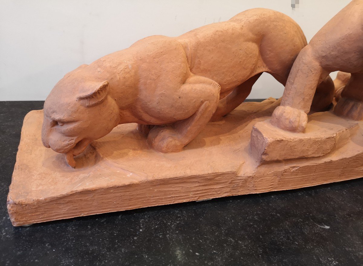 Panthère, terre cuite signée Riolo, couple de panthères-photo-6