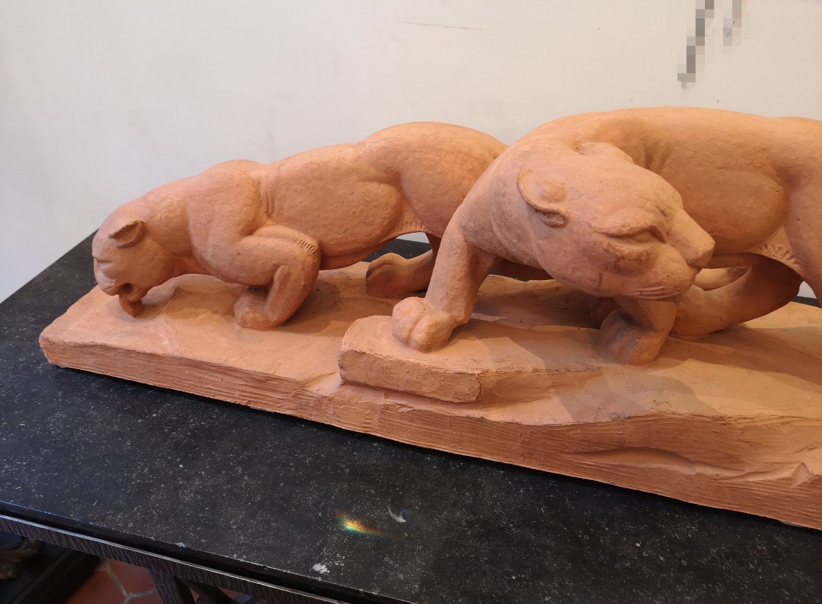 Panthère, terre cuite signée Riolo, couple de panthères-photo-8